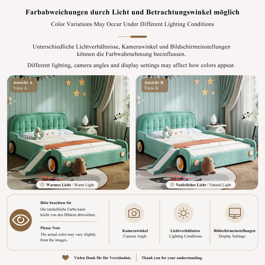 Letto, Letto a Forma di Macchina con Scivolo e Scala, Montabile Sinistra/Destra, Letto Imbottito in Turchese, Letto Gioco con Protezione anticaduta per Cameretta dei Bambini, 140x200 cm