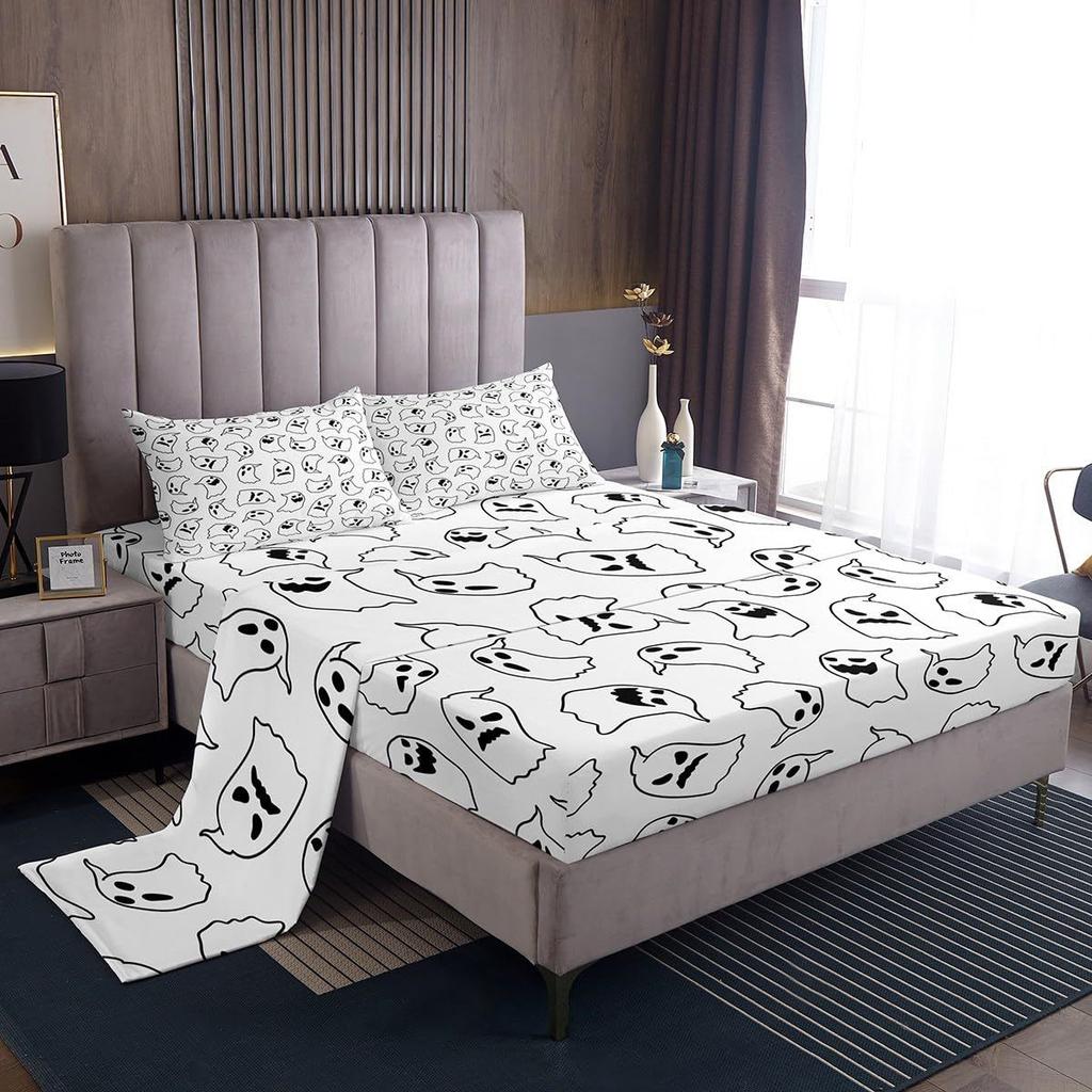 Halloween Cartoon Ghost Pattern Bed Hat Four-Piece Bedding Set Bedroom Dormitory Bedding Decoration