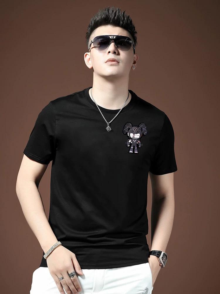 European Station 2025 Summer New Trendy High-End Rabbit Short-Sleeve T-Shirt for Men, Half-Sleeve Heat-Printed Thin Base Shirt