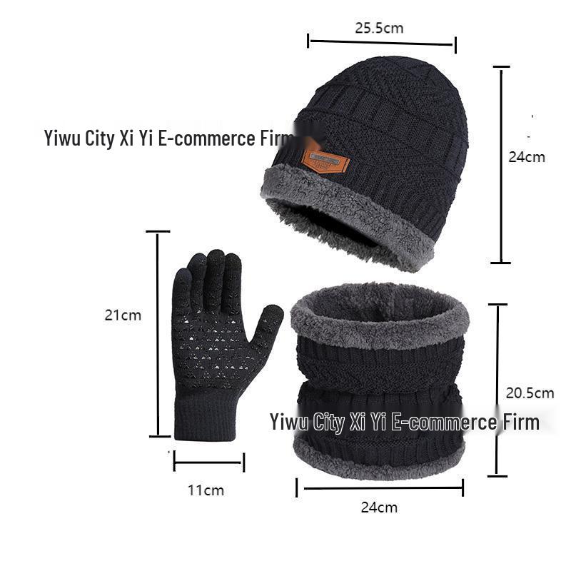 Men's Three-Piece Winter Set: Knitted Wool Hat, Scarf, and Touchscreen Gloves with Plus Velvet Warmth