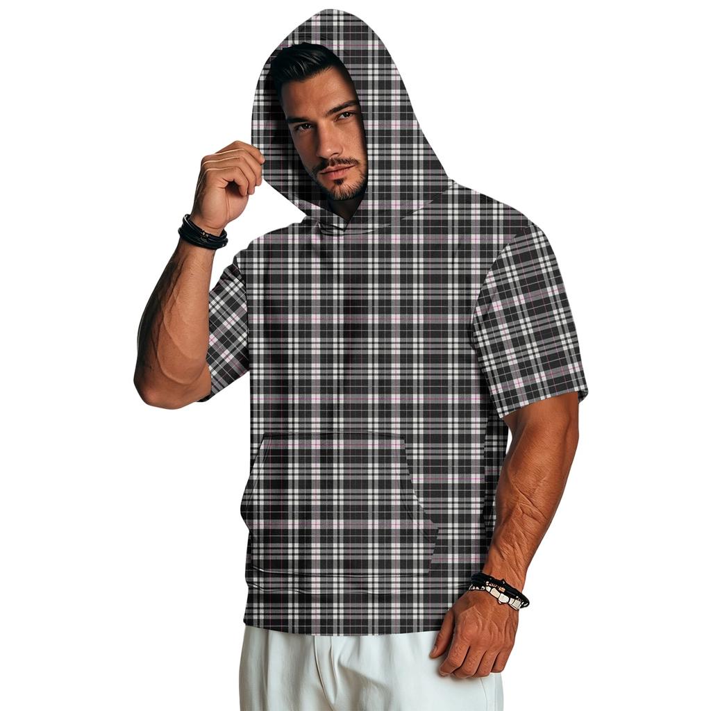 Felpa con Cappuccio da Uomo a Maniche Corte con Stampa a Quadri Retrò, Pullover Leggero Casual per l'Uso Quotidiano