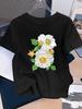 Women's Casual Elegant Floral Print T-Shirt Black with White and Yellow Flowers Crew Neck Short Sleeves Breathable Women's Y2k