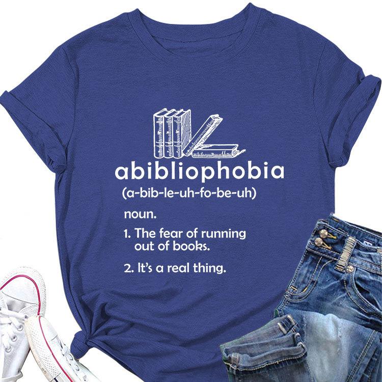 Summer new round neck casual Tshirt abibliophobia book print loose short sleeve top Womens allmatch fashion pullover
