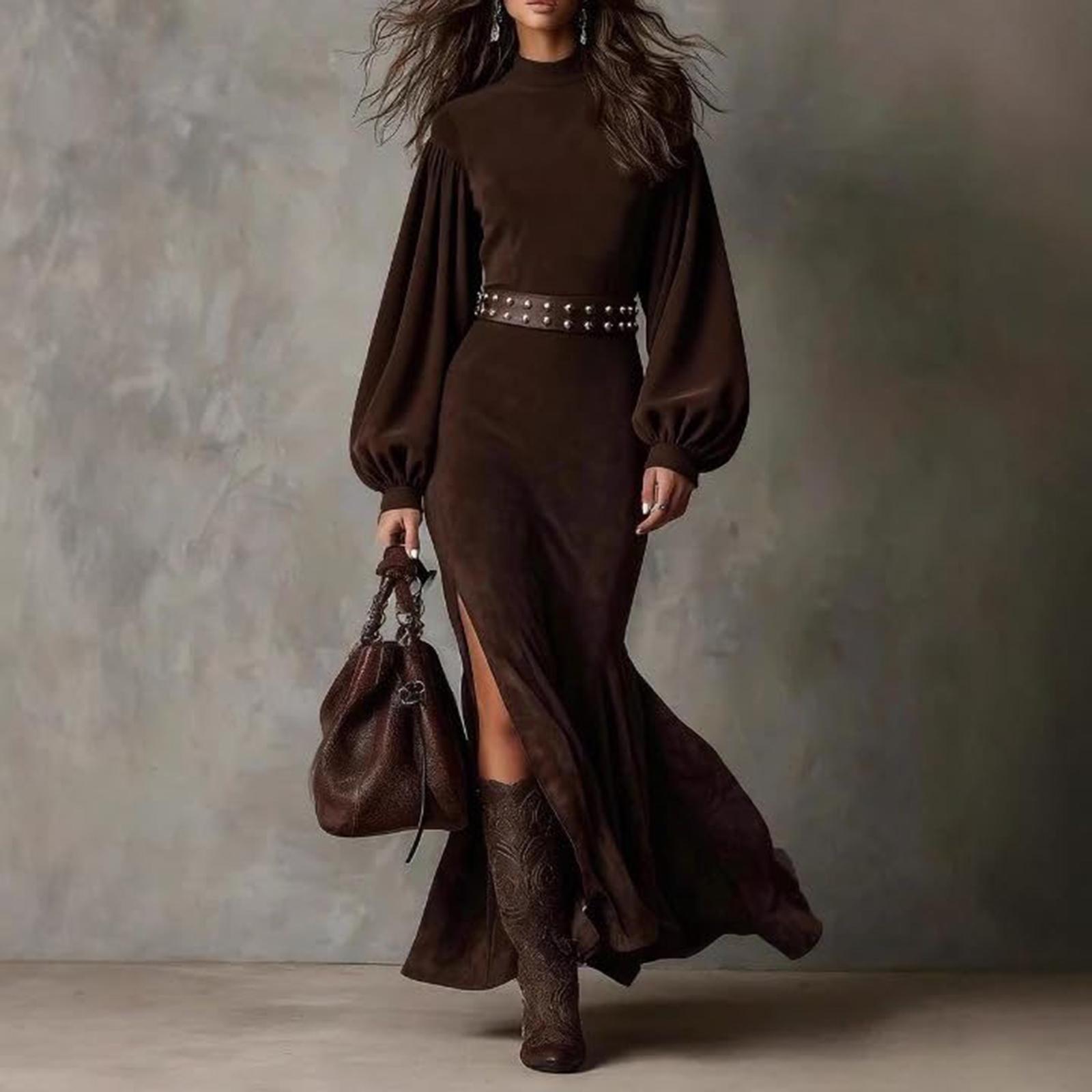 

Жіноча вінтажна оксамитова сукня з високою талією, елегантна сукня-олівець з розрізом, формальна сукня максі з довгим рукавом XL коричневий