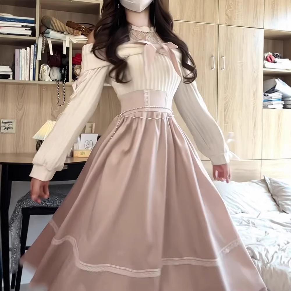 Autumn Light Pink Off-the-Shoulder Dress with Sweet Bow Tie, Lace Details, and Cinched Waist - Trendy and Cute Long Style for Women