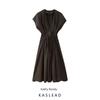 Kaslead New Women Clothes Western Style Fashion Simple Slimming Pleated Waist Hugging Drop Shoulder Dress