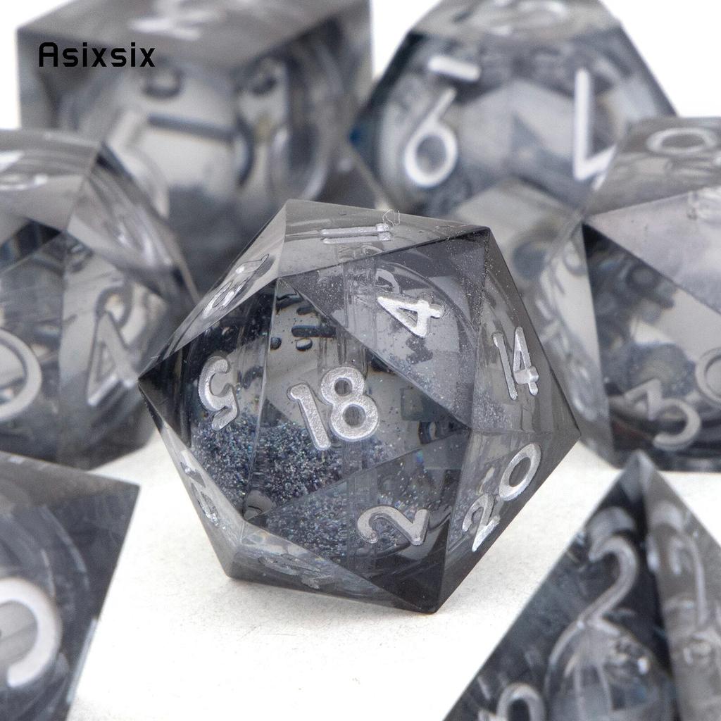 7 szt. Czarna żywica płynący piasek biały numer ostre krawędzie kostki kości wielościenne odpowiednie do gry planszowej RPG