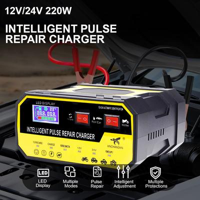 EU-Stecker Überspannungsschutz Intelligente Pulsreparatur Multifunktional 12V 24V 8A Autobatterieladegerät Automatischer Stopp Spannungs- und Temperaturerkennung