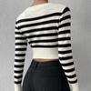 Camisa feminina listrada de malha canelada, manga comprida, gola redonda, ajuste fino, suéter