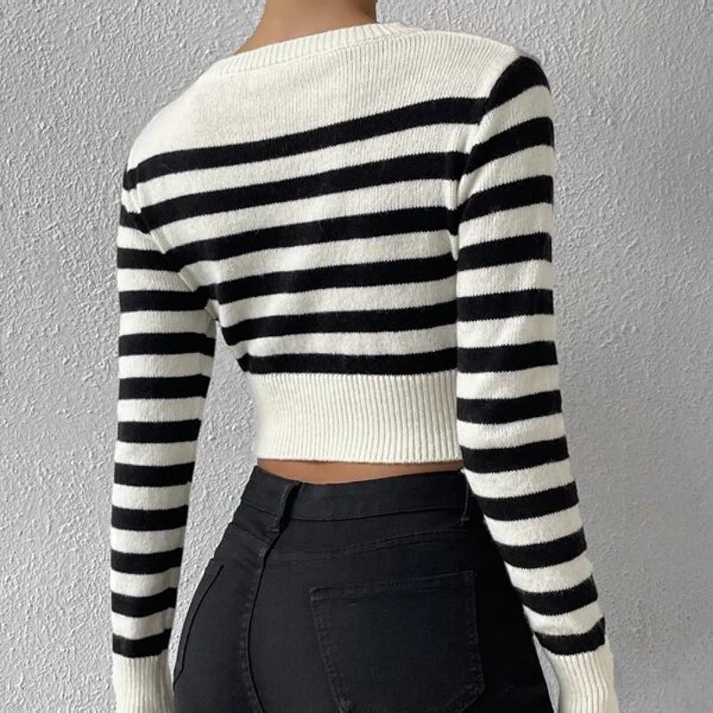 Camisa feminina listrada de malha canelada, manga comprida, gola redonda, ajuste fino, suéter