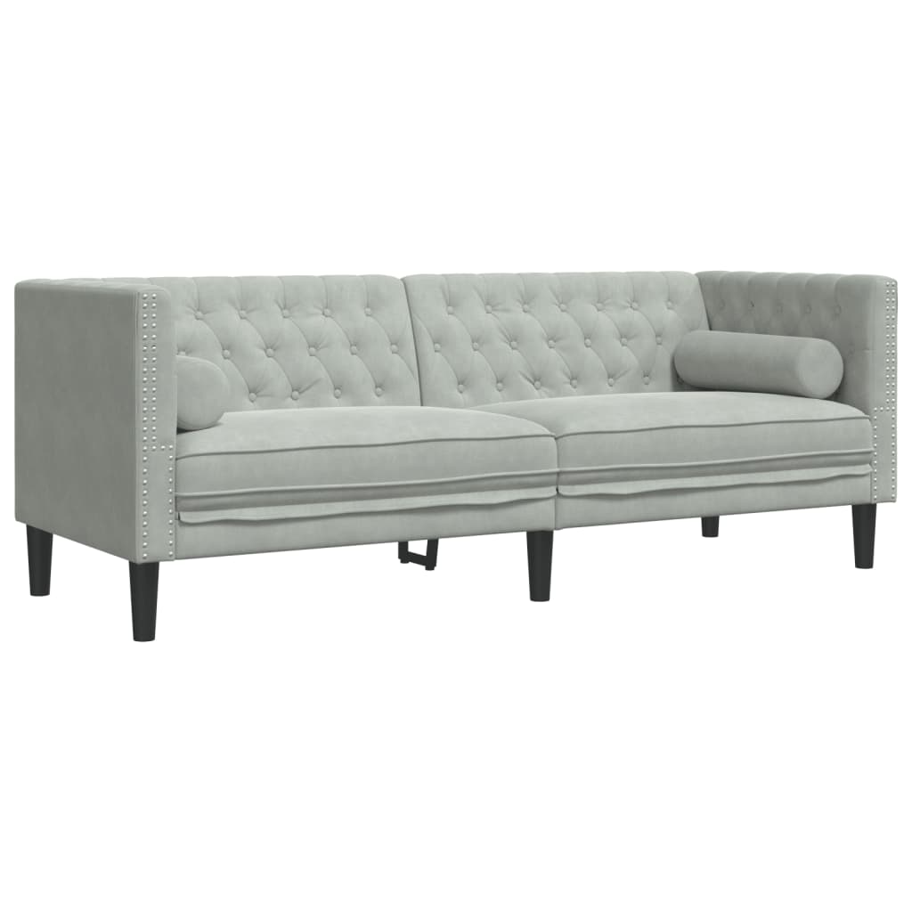 Chesterfield Sofa with Neck Pillows 3 Seater Light Grey Velvet