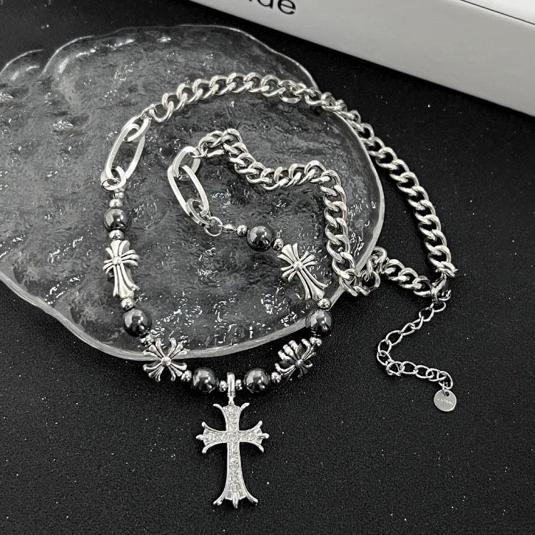 European and American Retro Gothic Style Bead Necklace Cross Necklace Simple Neutral High-end Necklace Pendant Trendy Splicing Necklace