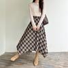 navy blue skirt women's spring and autumn new high waist drape fashion retro medium and long A-shaped irregular plaid umbrella skirt