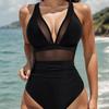 2026 New Bikini European and American Solid Color Mesh Halter Sexy Bikini One-piece Swimsuit Swimsuit