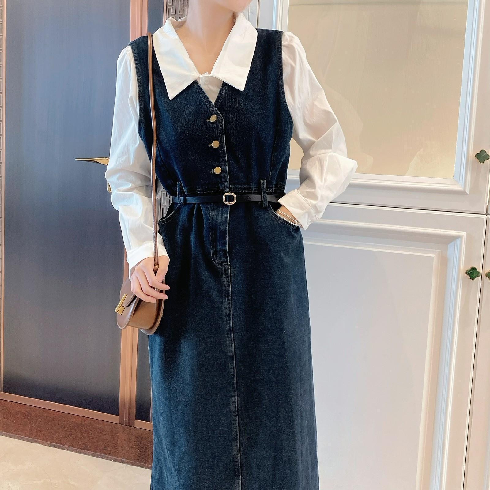 

Women s Autumn Casual Two-Piece: Denim Vest & White Shirt Sling Dress Set L