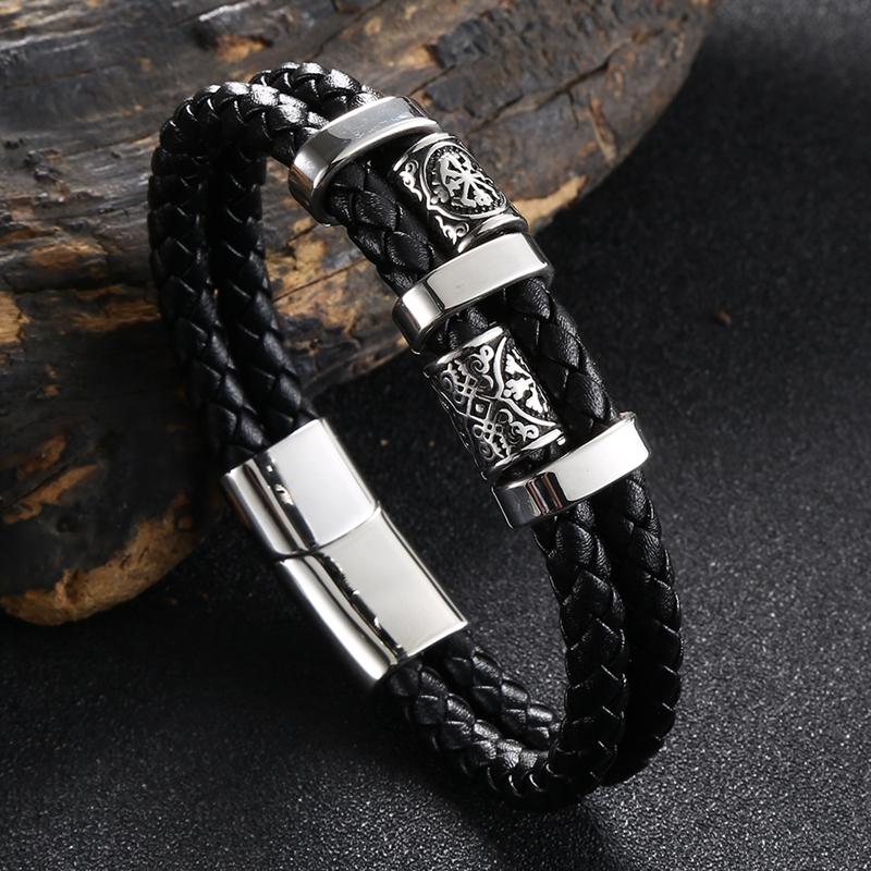 

Новый браслет из нержавеющей стали и кожи, двухслойный плетеный кожаный мужской браслет серии Nordic Viking Inner Perimeter205mm чёрный