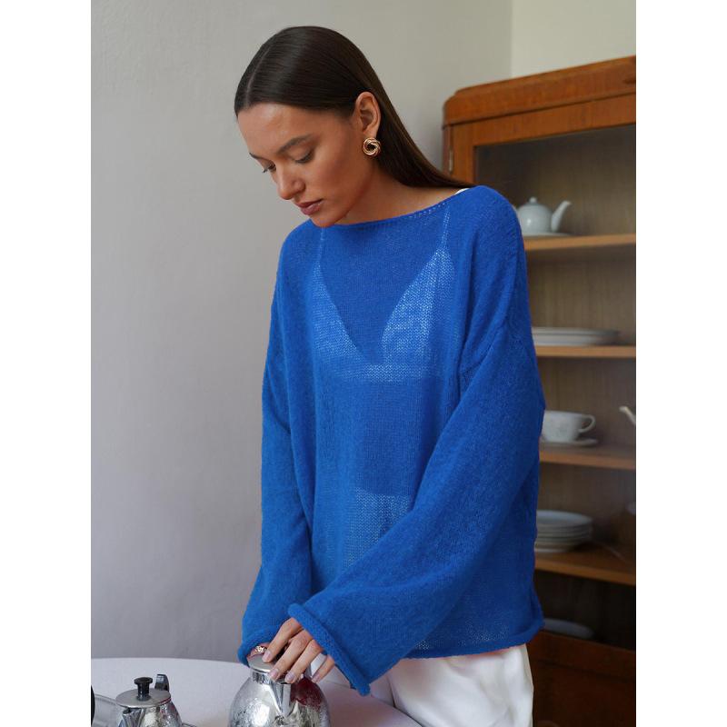 Tooxika Damen Neuer Durchsichtiger Dünner Rundhals Trompetenärmel Ajourstrickpullover