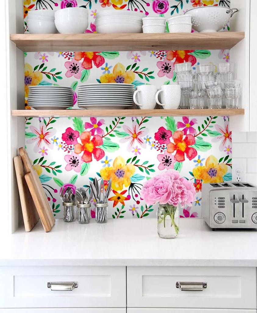 Handpainting Peel And Stick Self-Adhesive Wallpapers Watercolor Seamless Red Yellow Purple Flower Green Leaves for Home Decor