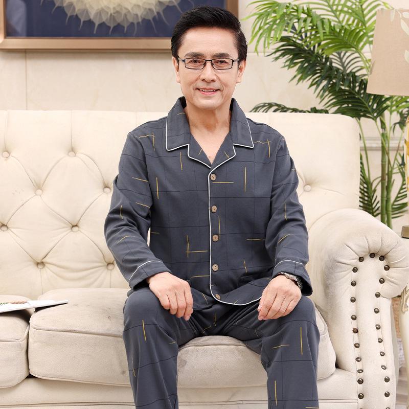 Men's Plus Size Cotton Pajama Set - Long-Sleeved, Ideal for Middle-Aged & Elderly, Spring to Winter Wear