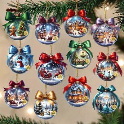 2D Christmas Ball Hanging Ornaments Wooden Ball Christmas Tree Ornament with Snow Scene for Winter Holiday Home Indoor Outdoor Decor