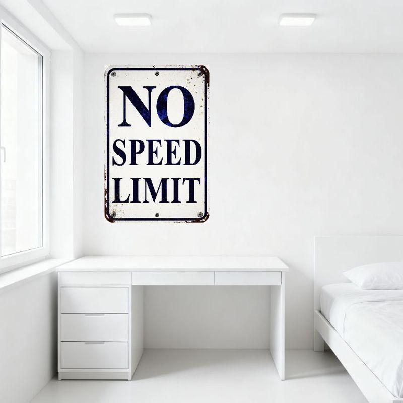 Vintage 'NO SPEED LIMIT' Metal Tin Sign with Rustic Blue Border - Retro Warning Sign for Man Cave, Bar, Home, Café Decor - Weath