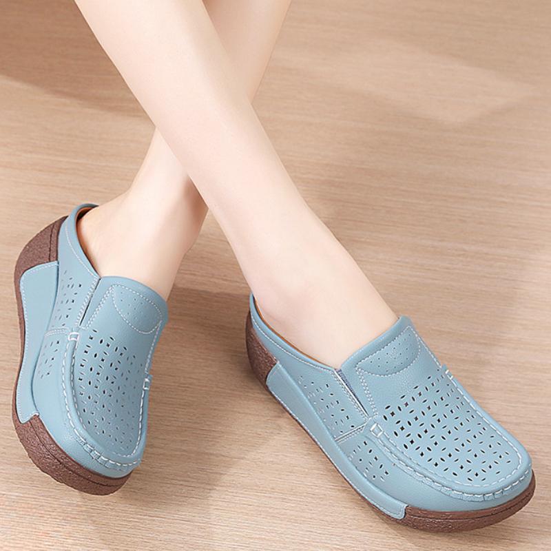 Women PU Leather Platform Slippers Hollow-out Fashion Casual Shoes Wedge Heels Casual Loafers Elegant Mother Shoes