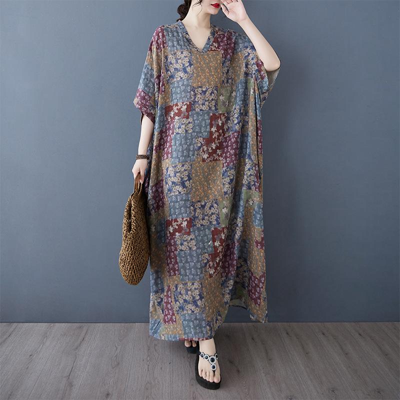 Summer Casual Artistic Plus Size Loose Print V-neck Short Sleeved Dress
