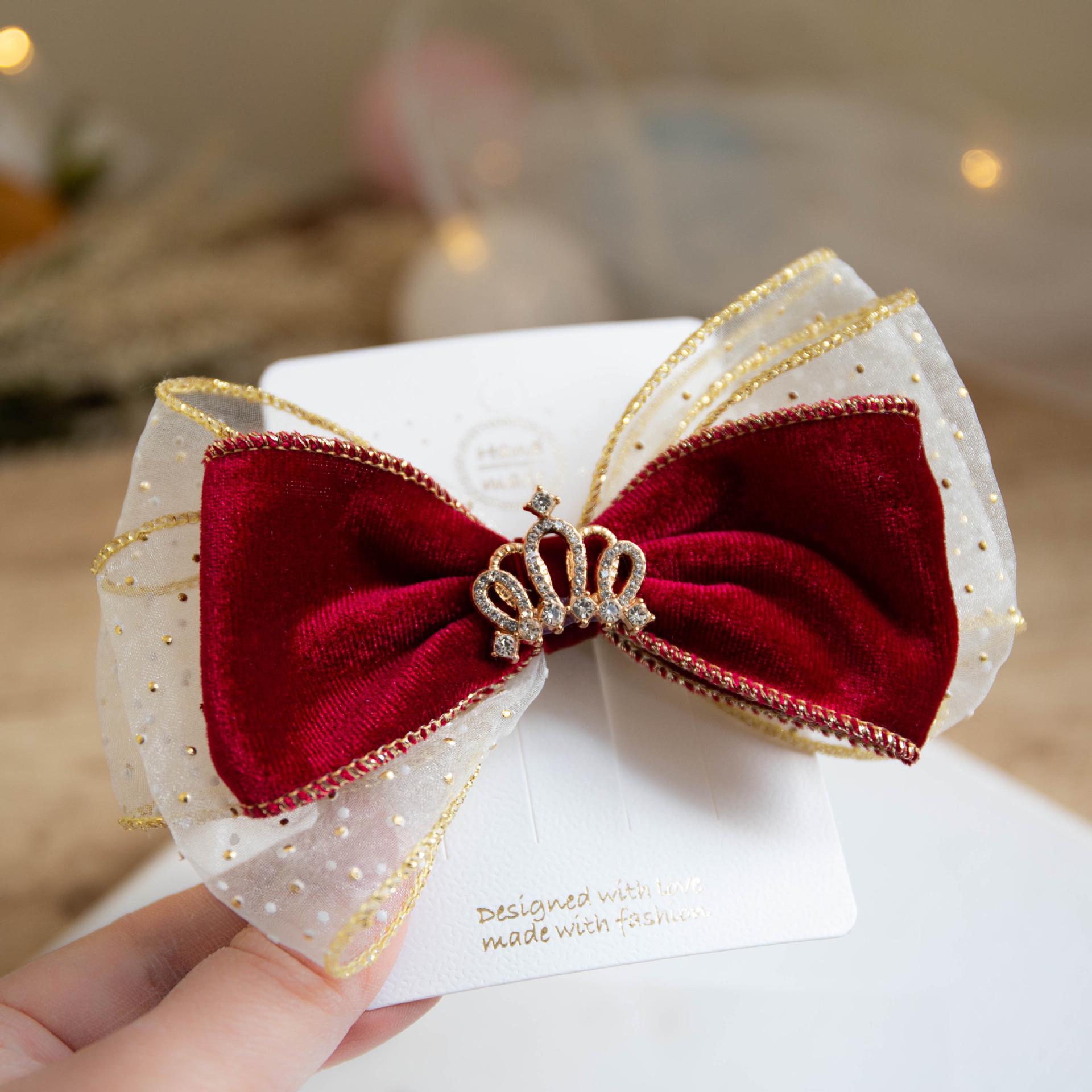 Wine Red Velvet Bow Hairpin with Festive Gold Duckbill Clip