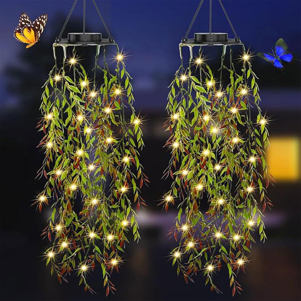 Solar Powered Outdoor Hanging Willow Leaf Light Decoration with Multiple LED Bulbs for Garden Patio Porch Yard Use Waterproof Design