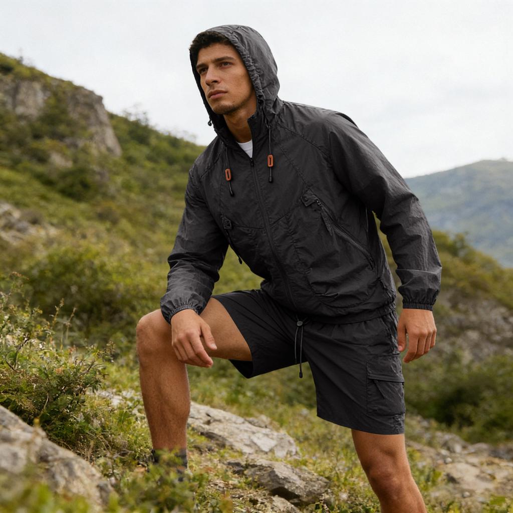 Men's Silk Quick-drying Hooded Coat With Sun , Thin , Casual Sports Sun Clothing, Shorts + Long-sleeved Set