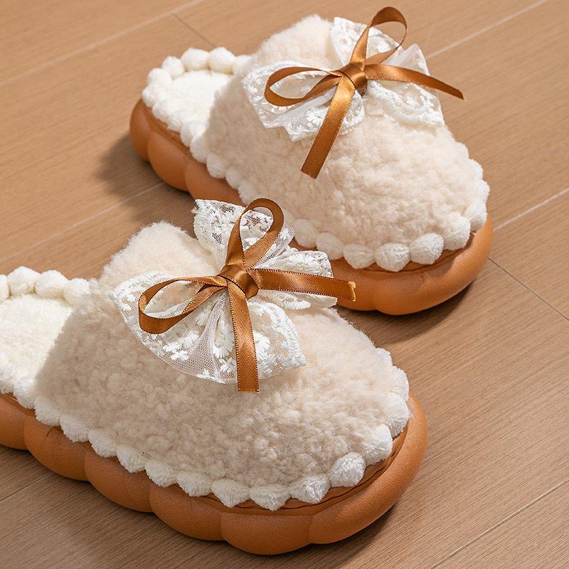 Women's Cute Bow Cotton Slippers, Thick Sole, Anti-Slip, Warm Winter Indoor Shoes, Perfect for Couples and Postpartum Comfort