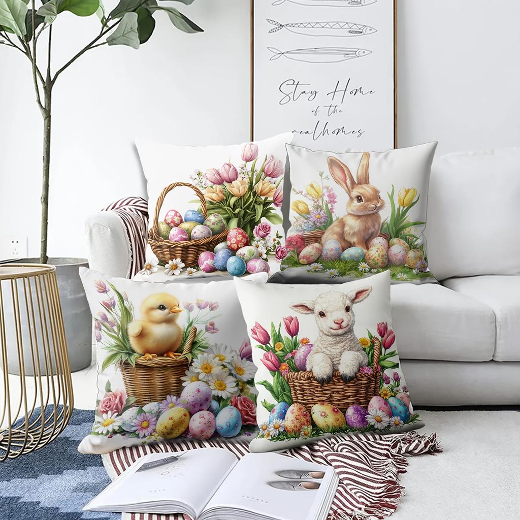 4pcs Easter Flower Pillow Cover Set, Holiday Decoration Sofa Cushion Cover, Sofa Home Decoration, Room Decoration, Office Decoration