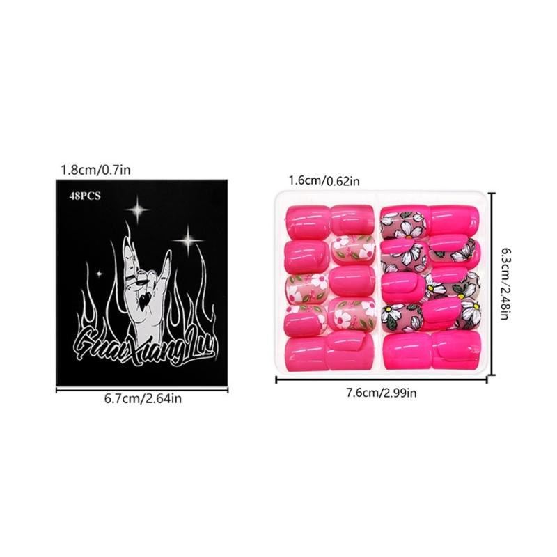 Square Press On Nail Flower Fake Nail Glues On Nail Artificial Acrylic Nail 12 Size 48pcs Stick On Nail for Women Girls