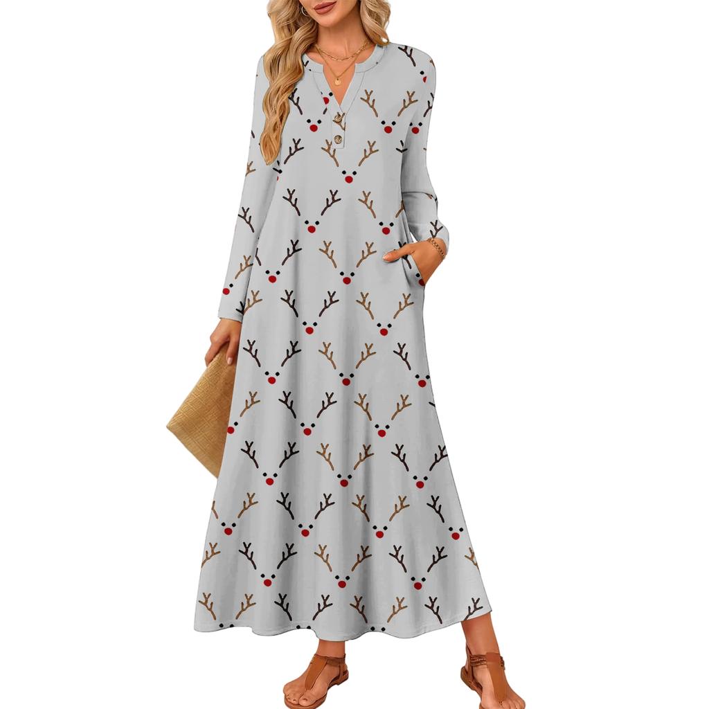 women's cute printed long-sleeved comfortable loose dress, elegant dress