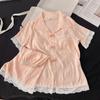 Cloud Cotton Pajamas with Chest Pads Women's Summer Short-sleeved Shorts Bow Embossed National Style Cardigan Loungewear Set