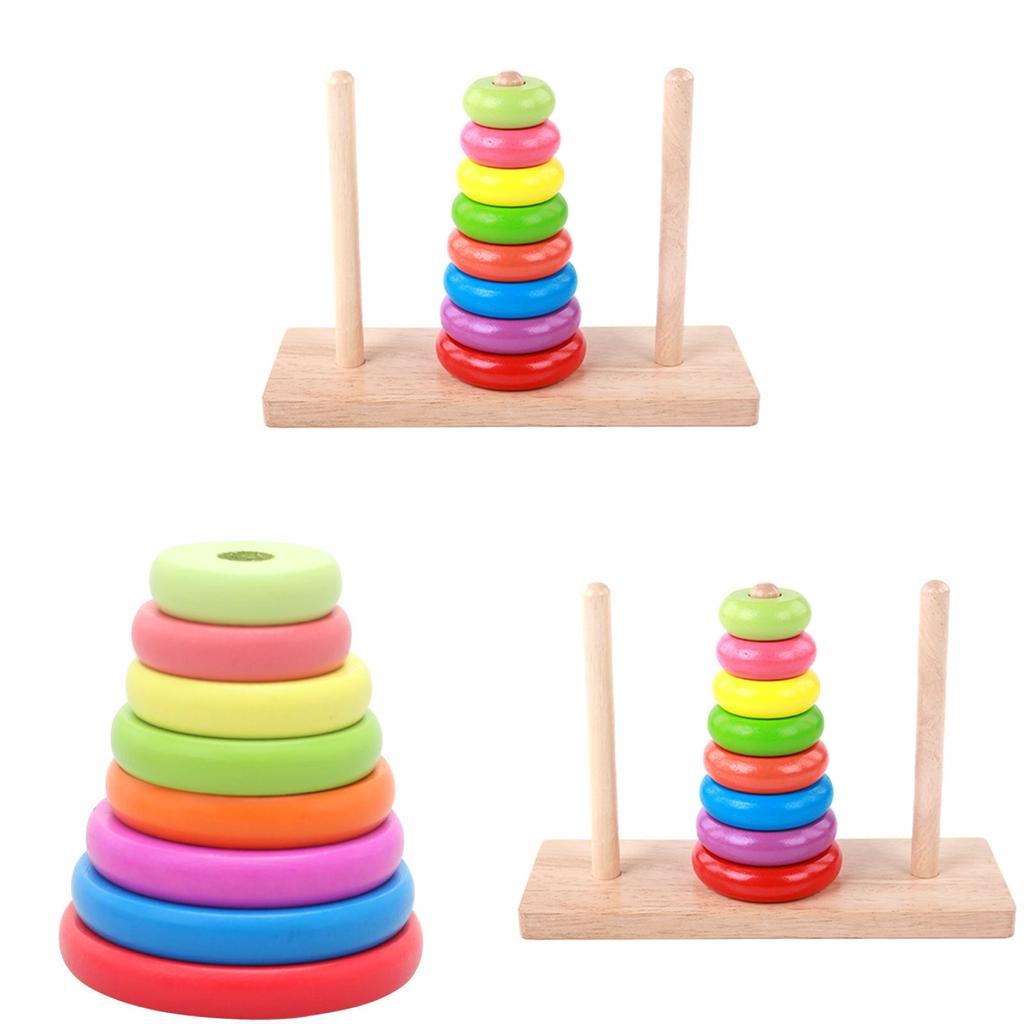 Wooden Toy Tower Of Hanoi Puzzle With Rainbow Rings For Kids Educational Play