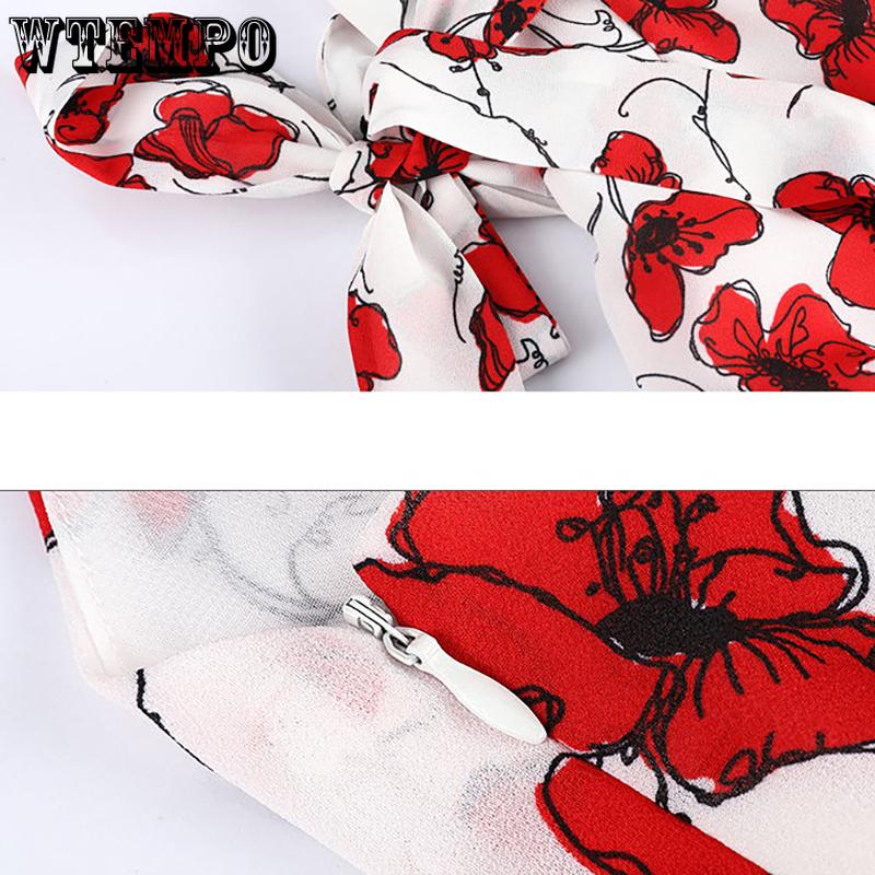 WTEMPO Women's Summer V-neck Dress Seaside Resort Print Beach Dress Bohemian Waist Dress Temperament Loose Backless Floral Dress