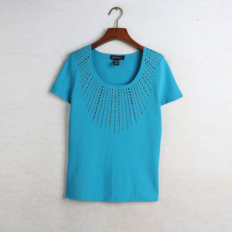 

Sunshine House Летнее Новое Поступление Экспорт Мода Тяжелая Промышленность Бусины Ледяной Шелк Короткий Рукав Трикотаж Стройнящий Большой Размер Женская Одежда Blue L (elastic): Bust size 92-102