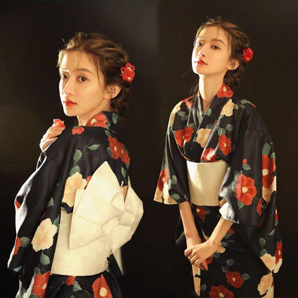 Printed Floral Sakura Girl Kimono Dress Elegance Japanese Style Yukata Bathrobe Party