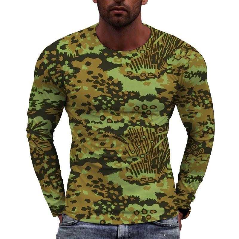 Men's Camouflage Printed Long Sleeve T-shirt European Size Casual round Neck Top Trendy Autumn Wear
