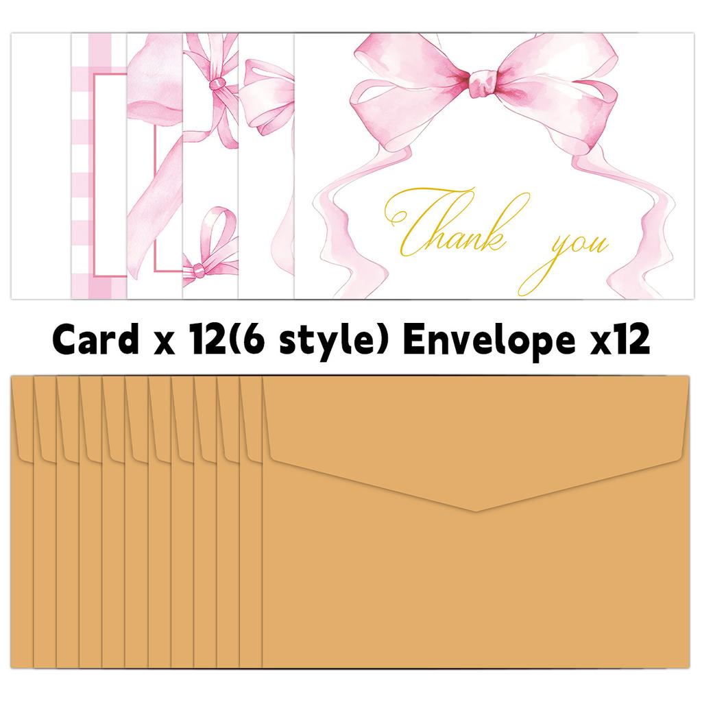 Watercolor Bow Greeting Cards Set with Envelopes, Thank You Notes for Birthday Wedding Blessing Messages, Party Favors