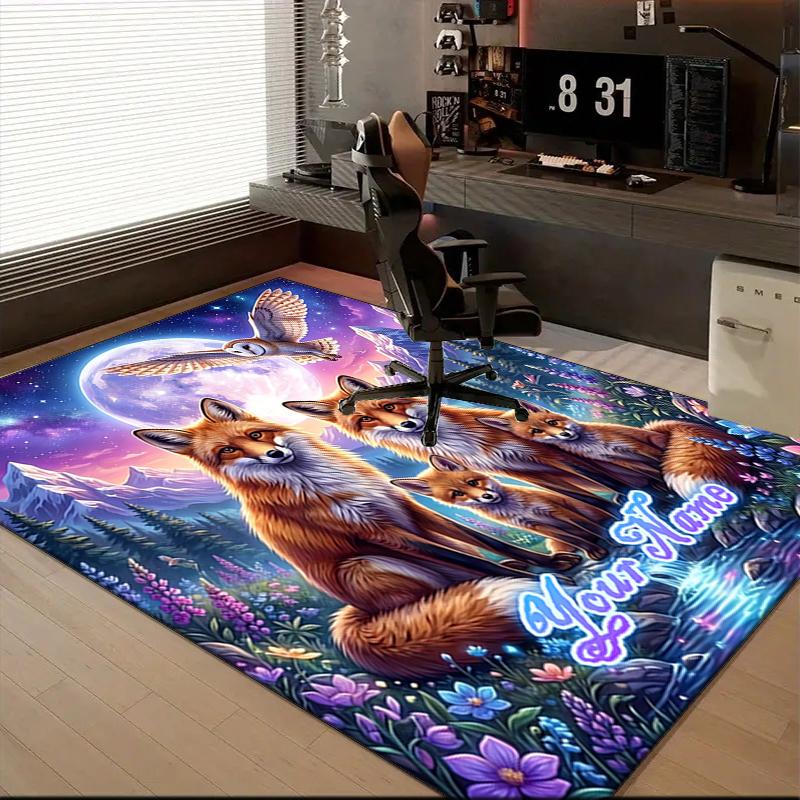 1PC Custom Name Fox Family Moonlit Night Theme Floor Mat Ideal for Living Room, Game Rooms, Office, Bedroom, Floor Mat Playful Design
