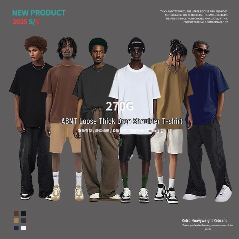 

270g Heavyweight Pure Cotton Retro National Trend Loose Fit T-shirt with Printed Logo M