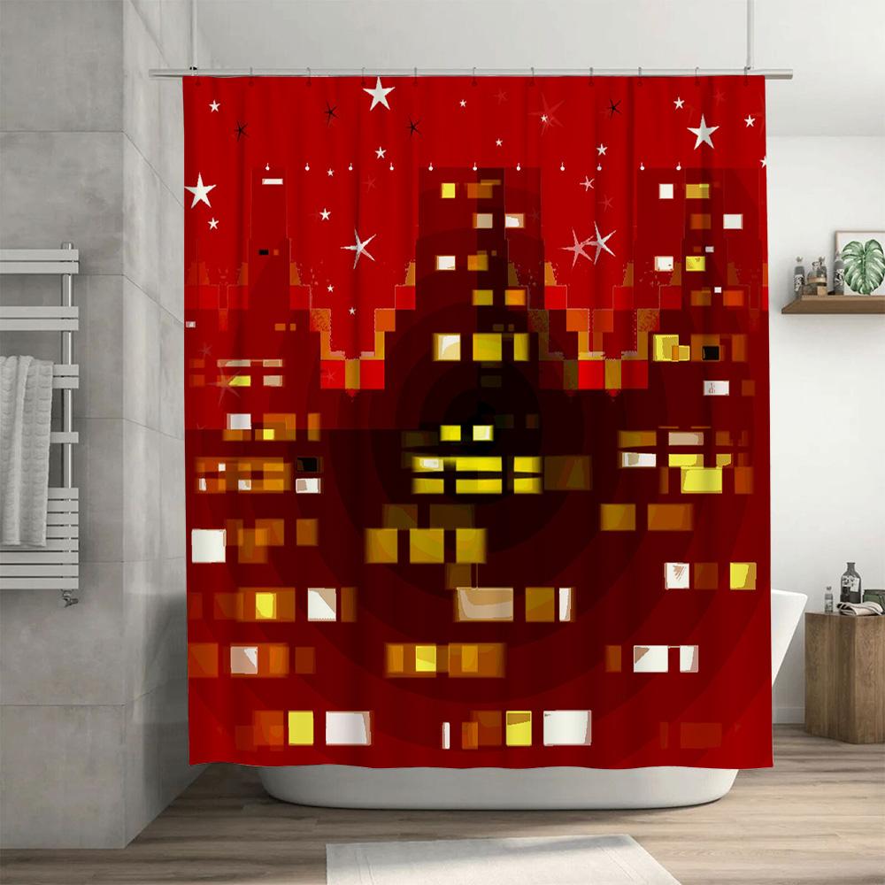 Red LED Cityscape Shower Curtain Pixel Art Design for Bathroom Decorations