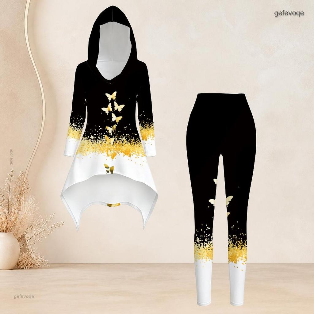 Women Plus Size Black Gold Printed Hooded Long Sleeve High Low Top Pocketed Leggings Two Piece Set