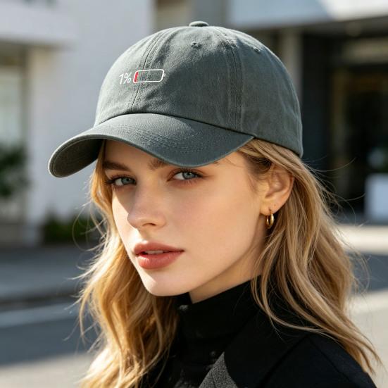 Low Battery Pattern Baseball Hat, Adjustable Back Buckle Retro Distressed Style Baseball Cap, Washed Cotton Fabric Outdoor Sunshade Cap