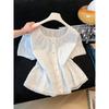 French Style Summer Women Sweet Blouse O Neck White Blue Bow Hollow Out Shirt Short Sleeve Elegant Feminine Ladies' Blouse