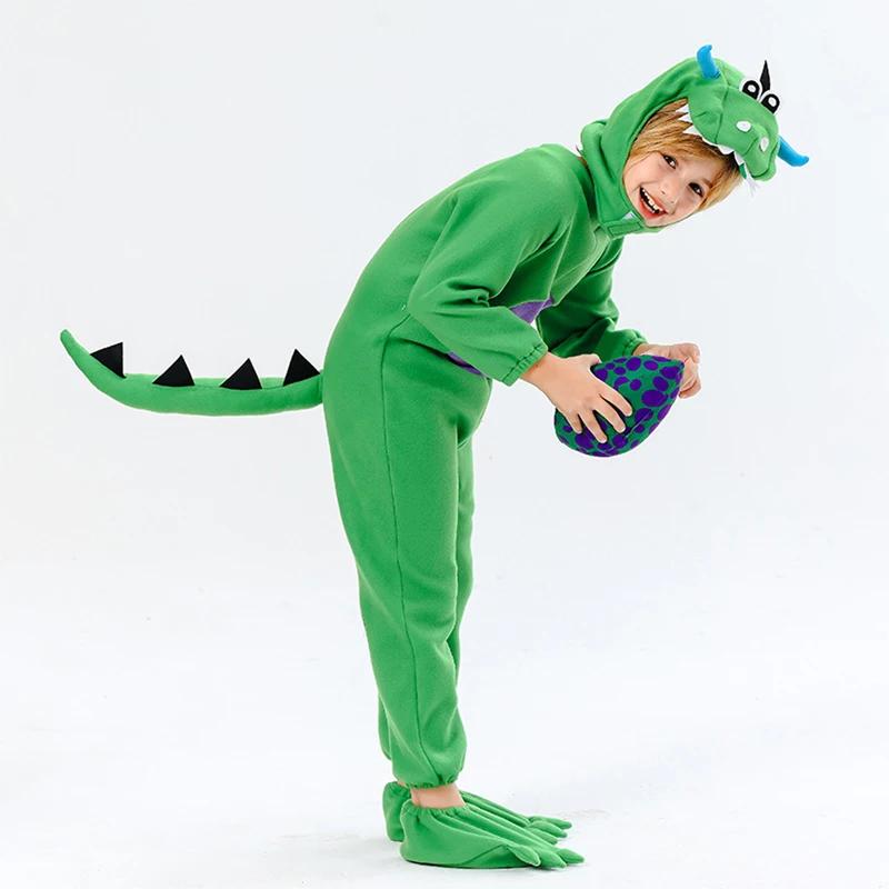 Set de costume de dinozaur pentru copii, fleece cu mânecă lungă, salopetă de dinozaur cu glugă, huse pentru picioare, costum cosplay pentru Halloween