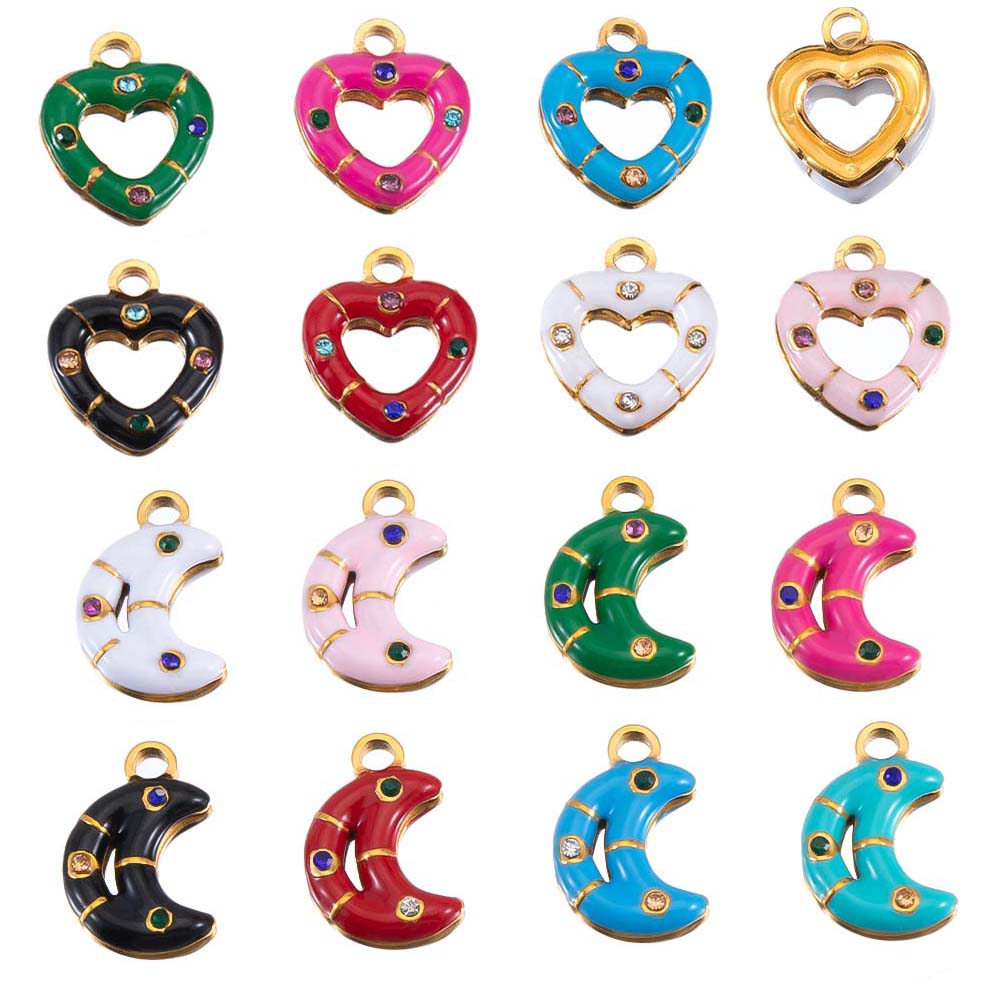 5pcs 2pcs Color Enamel Heart Moon Charm Stainless Steel Crystal Beads Earrings Pendant DIY Jewelry Making Necklace Accessories