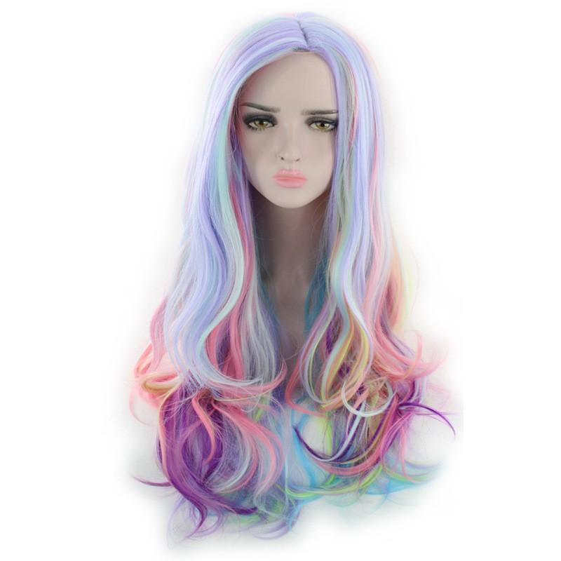 Cosplay Wig Women Gradient Rainbow Lolita Style Long Curly Middle Part High Temperature Fiber B029